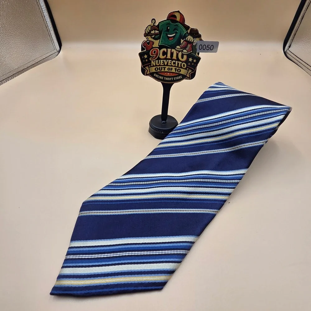 Canali Mens Silk Tie Navy Blue Light Blue Gold Striped Made in Italy Luxury